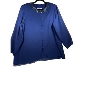Patra Women Petite Blue Beaded Collar Formal Blazer Jacket Topper Womens Sz 22